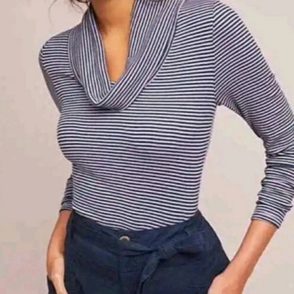 Anthropologie Pure + Good | Navy Blue Lavender Purple Striped Cowl Neck Top - Picture 2 of 7